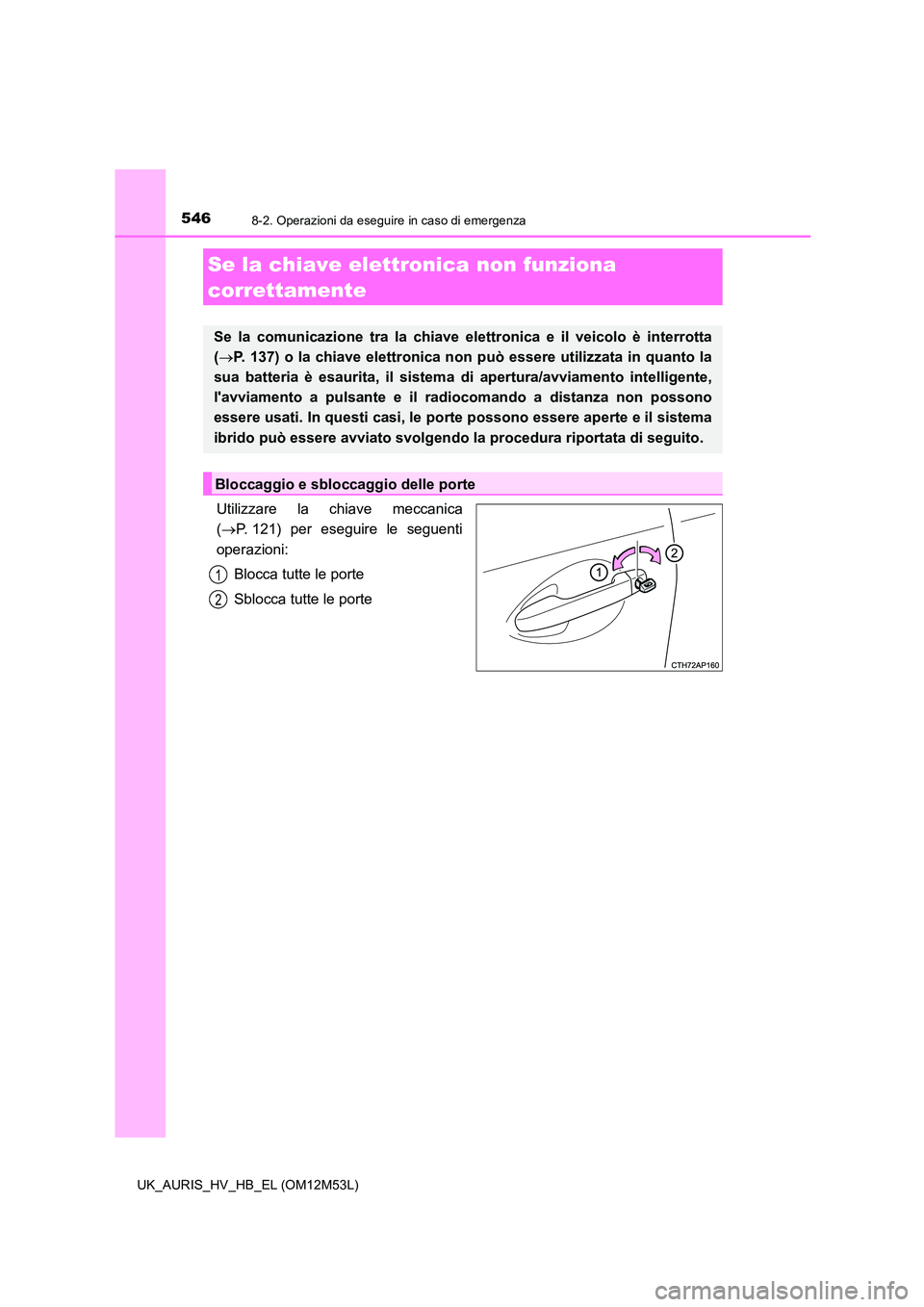 TOYOTA AURIS 2018 Manuale duso (in Italian) 5468-2. Operazioni da eseguire in caso di emergenza
UK_AURIS_HV_HB_EL (OM12M53L)
Utilizzare la chiave meccanica
( P. 121) per eseguire le seguenti
operazioni:
Blocca tutte le porte
Sblocca tutte TOYOTA AURIS 2018 Manuale duso (in Italian) 5468-2. Operazioni da eseguire in caso di emergenza
UK_AURIS_HV_HB_EL (OM12M53L)
Utilizzare la chiave meccanica
( P. 121) per eseguire le seguenti
operazioni:
Blocca tutte le porte
Sblocca tutte