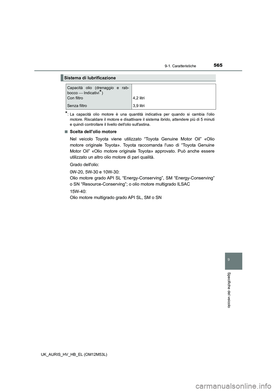 TOYOTA AURIS 2018 Manuale duso (in Italian) 565
9
9-1. Caratteristiche
Specifiche del veicolo
UK_AURIS_HV_HB_EL (OM12M53L)
*: La capacità olio motore è una quantità indicativa per quando si cambia lolio
motore. Riscaldare il motore e disat TOYOTA AURIS 2018 Manuale duso (in Italian) 565
9
9-1. Caratteristiche
Specifiche del veicolo
UK_AURIS_HV_HB_EL (OM12M53L)
*: La capacità olio motore è una quantità indicativa per quando si cambia lolio
motore. Riscaldare il motore e disat