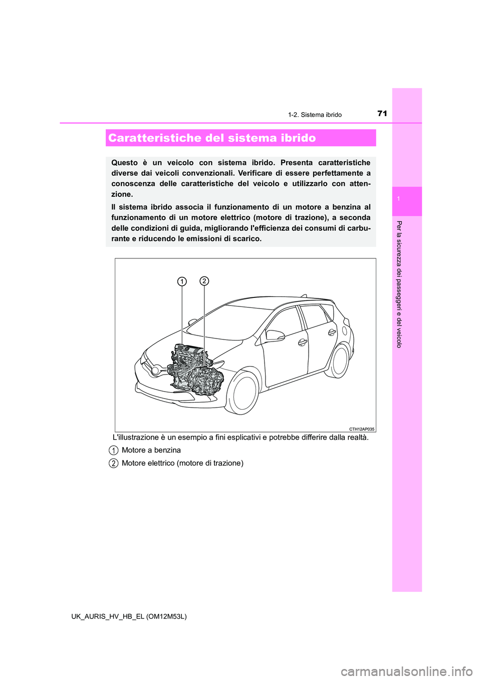 TOYOTA AURIS 2018  Manuale duso (in Italian) 71
1
Per la sicurezza dei passeggeri e del veicolo
UK_AURIS_HV_HB_EL (OM12M53L)
1-2. Sistema ibrido
Lillustrazione è un esempio a fini esplicativi e potrebbe differire dalla realtà. 
Motore a benzi