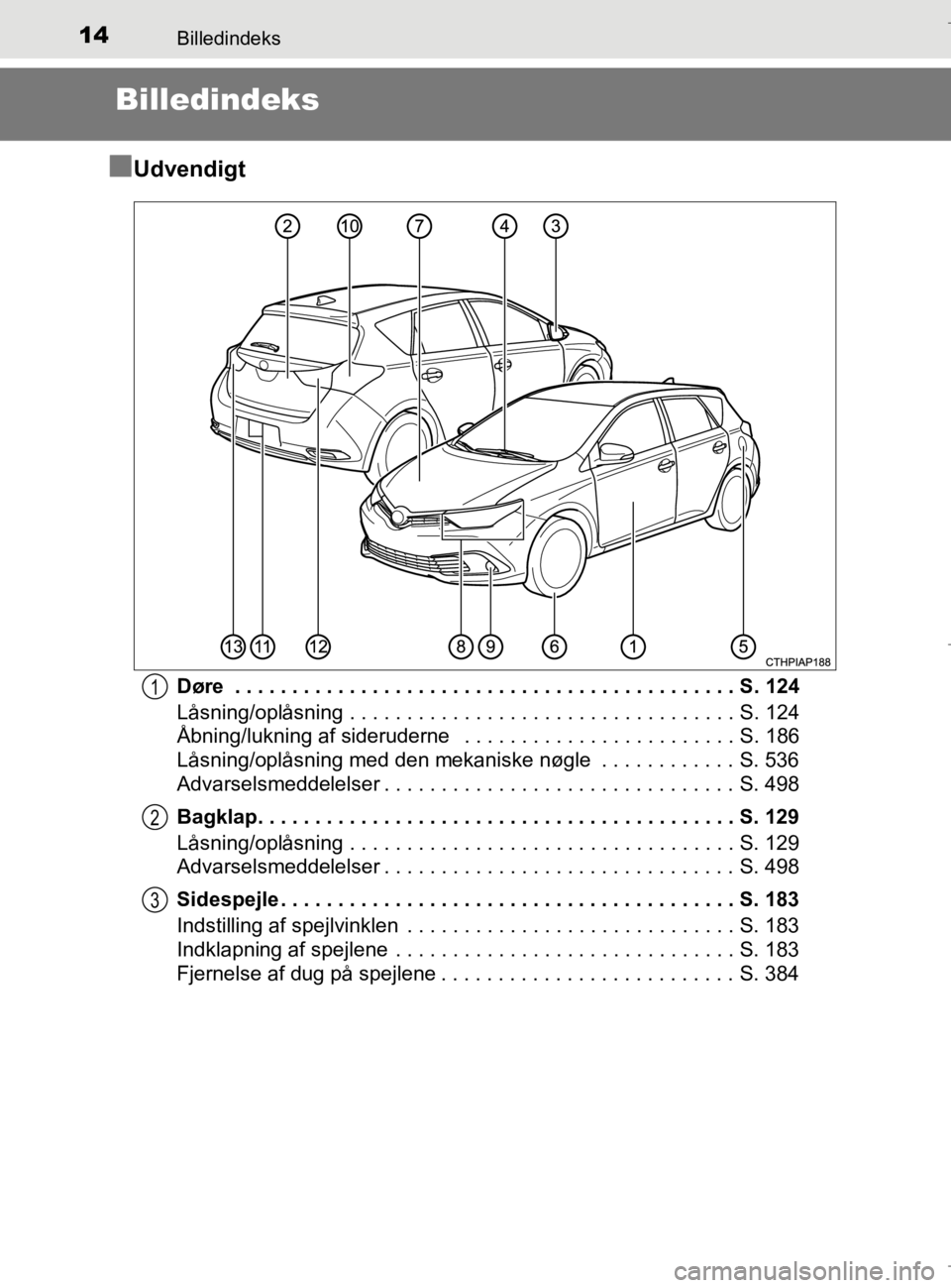 TOYOTA AURIS 2018 Brugsanvisning (in Danish) 14
AURIS_HV_OM12M49DK
Billedindeks
Billedindeks
n
Udvendigt
Døre . . . . . . . . . . . . . . . . . . . . . . . . . . . . . . . . . . . . . . . . . . . . S. 124
Låsning/oplåsning . . . . . . . . . TOYOTA AURIS 2018 Brugsanvisning (in Danish) 14
AURIS_HV_OM12M49DK
Billedindeks
Billedindeks
n
Udvendigt
Døre . . . . . . . . . . . . . . . . . . . . . . . . . . . . . . . . . . . . . . . . . . . . S. 124
Låsning/oplåsning . . . . . . . . .