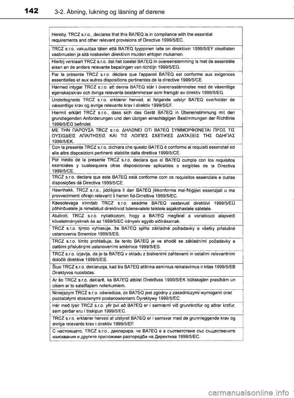TOYOTA AURIS 2018  Brugsanvisning (in Danish) 1423-2. Åbning, lukning og låsning af dørene
AURIS_HV_OM12M49DK
OM12M49DK.book  Page 142  Thursday, September 14, 2017  12:54 PM 
