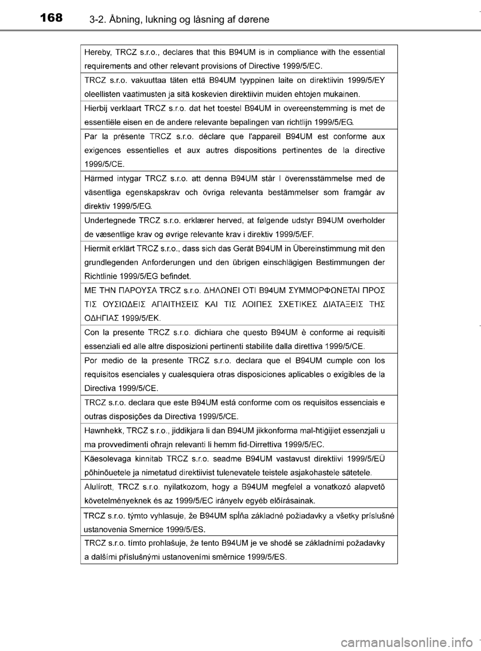 TOYOTA AURIS 2018  Brugsanvisning (in Danish) 1683-2. Åbning, lukning og låsning af dørene
AURIS_HV_OM12M49DK
OM12M49DK.book  Page 168  Thursday, September 14, 2017  12:54 PM 