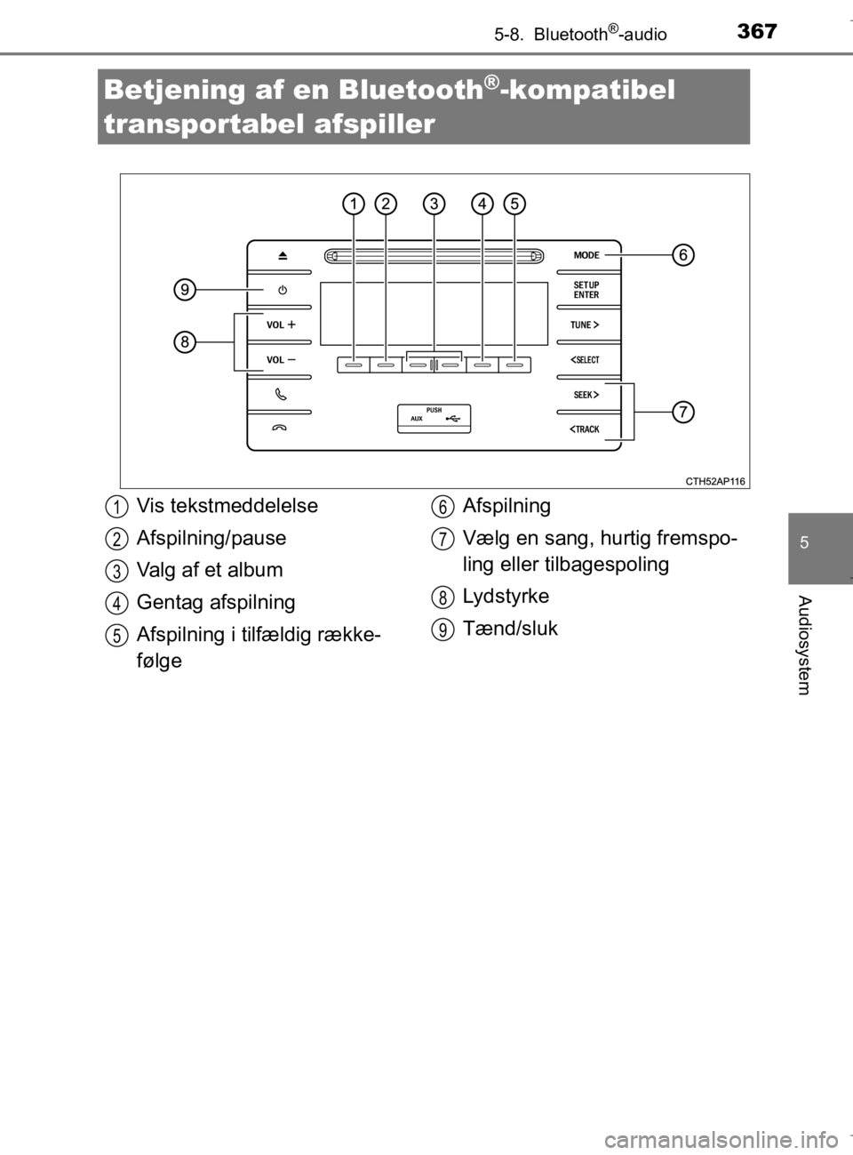 TOYOTA AURIS 2018  Brugsanvisning (in Danish) 367
AURIS_HV_OM12M49DK
5
Audiosystem
5-8.  Bluetooth®-audio
Betjening af en Bluetooth®-kompatibel 
transportabel afspiller
Vis tekstmeddelelse
Afspilning/pause
Valg af et album
Gentag afspilning
Afs
