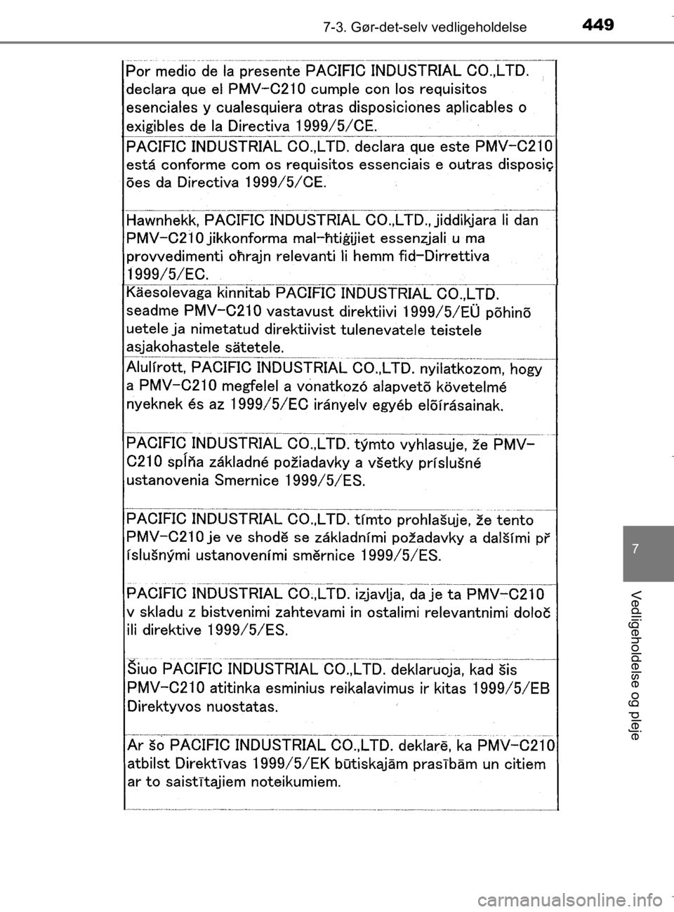 TOYOTA AURIS 2018  Brugsanvisning (in Danish) 4497-3. Gør-det-selv vedligeholdelse
AURIS_HV_OM12M49DK
7
Vedligeholdelse og pleje
OM12M49DK.book  Page 449  Thursday, September 14, 2017  12:54 PM 