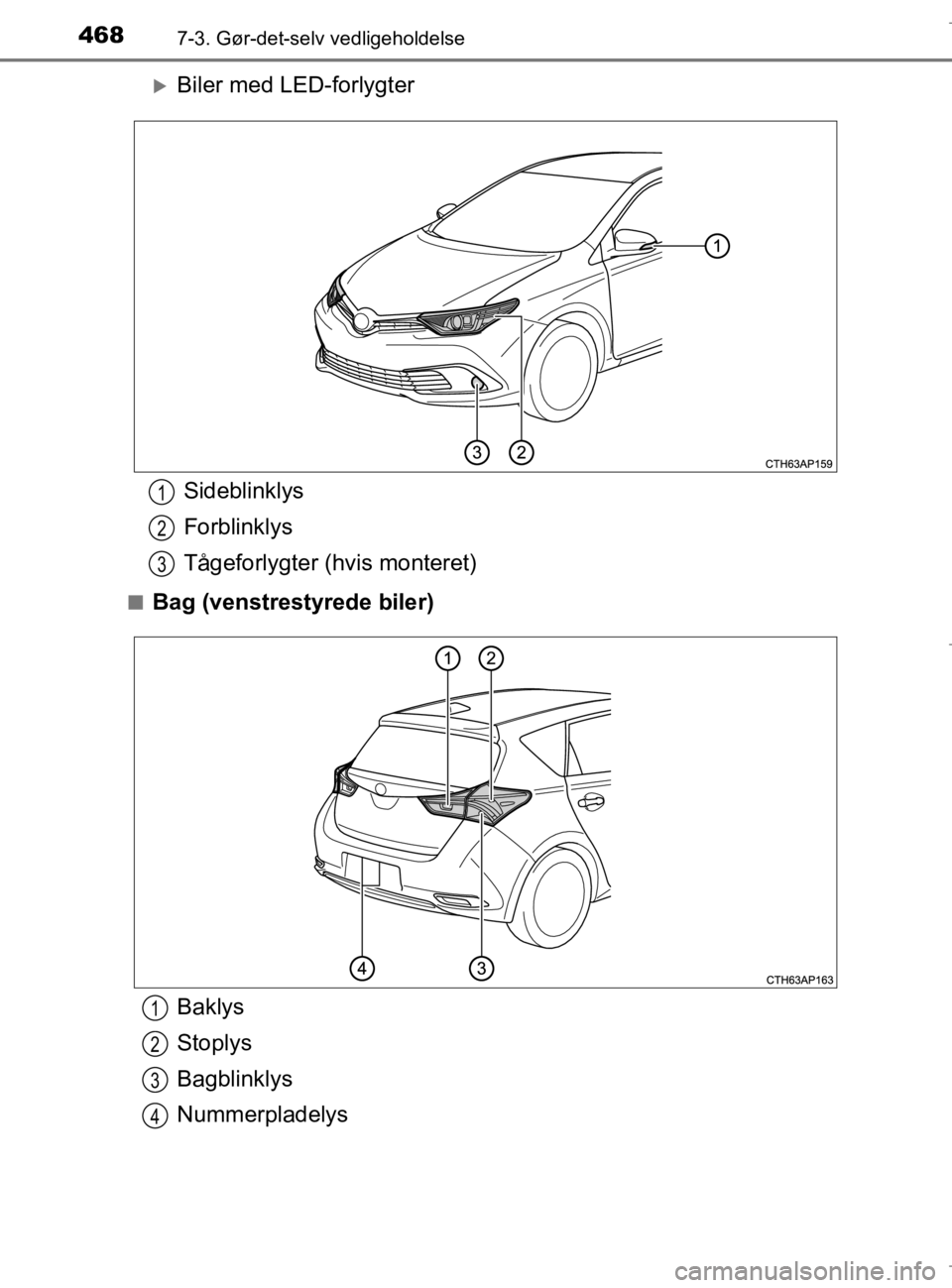 TOYOTA AURIS 2018  Brugsanvisning (in Danish) 4687-3. Gør-det-selv vedligeholdelse
AURIS_HV_OM12M49DK
Biler med LED-forlygter
nBag (venstrestyrede biler)
Sideblinklys
Forblinklys
Tågeforlygter (hvis monteret)1
2
3
Baklys
Stoplys
Bagblinklys
