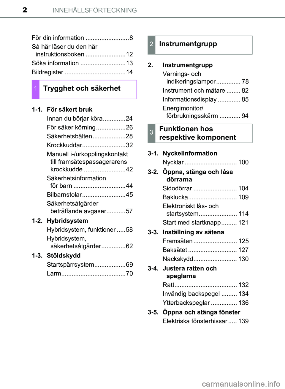 TOYOTA AURIS 2018  Bruksanvisningar (in Swedish) INNEHÅLLSFÖRTECKNING2
OM12M59SE För din information .........................8
Så här läser du den här 
instruktionsboken .......................12
Söka information ..........................1