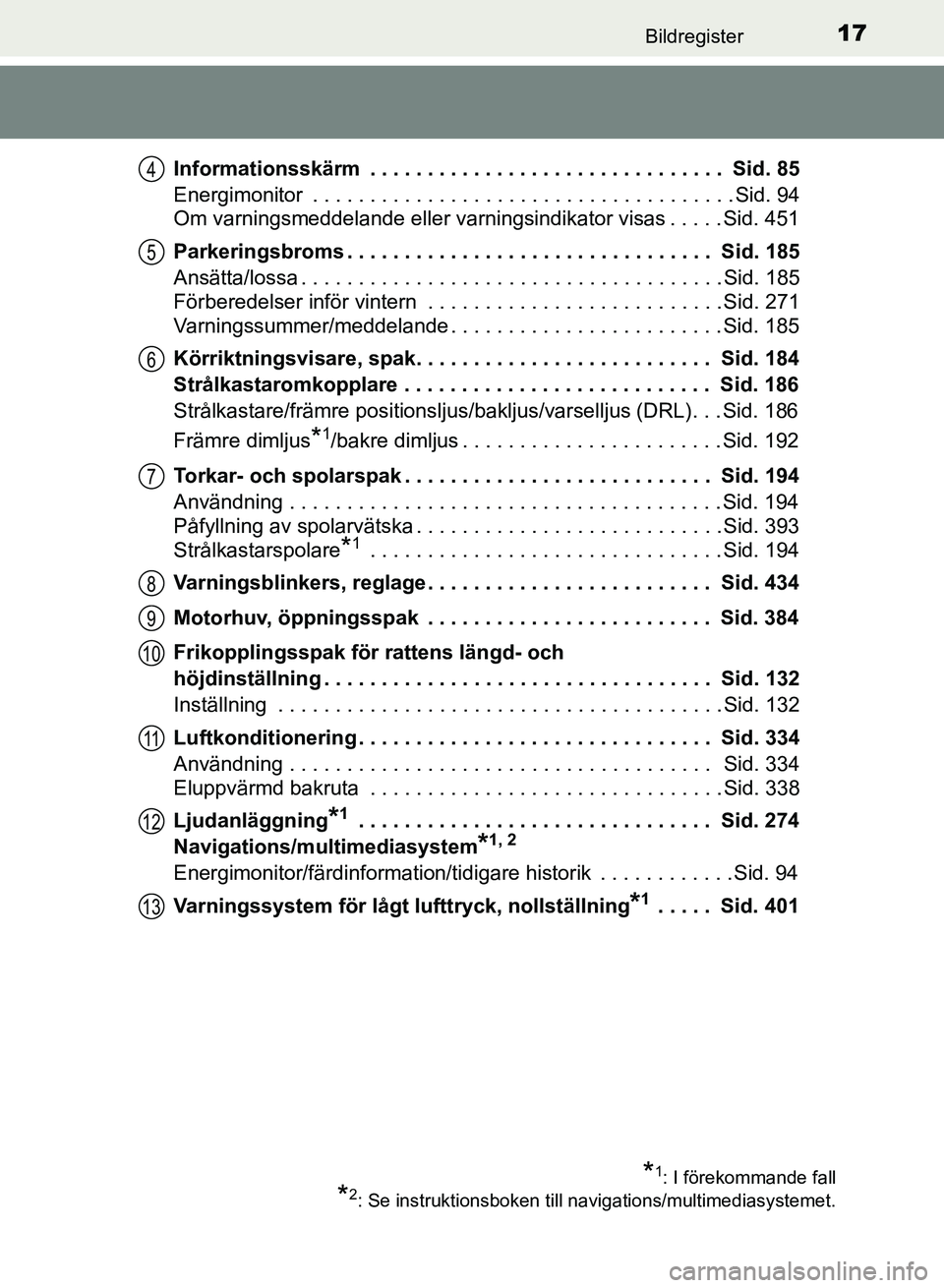 TOYOTA AURIS 2018 Bruksanvisningar (in Swedish) 17Bildregister
OM12M59SE Informationsskärm . . . . . . . . . . . . . . . . . . . . . . . . . . . . . . . Sid. 85
Energimonitor . . . . . . . . . . . . . . . . . . . . . . . . . . . . . . . . . . . TOYOTA AURIS 2018 Bruksanvisningar (in Swedish) 17Bildregister
OM12M59SE Informationsskärm . . . . . . . . . . . . . . . . . . . . . . . . . . . . . . . Sid. 85
Energimonitor . . . . . . . . . . . . . . . . . . . . . . . . . . . . . . . . . . .