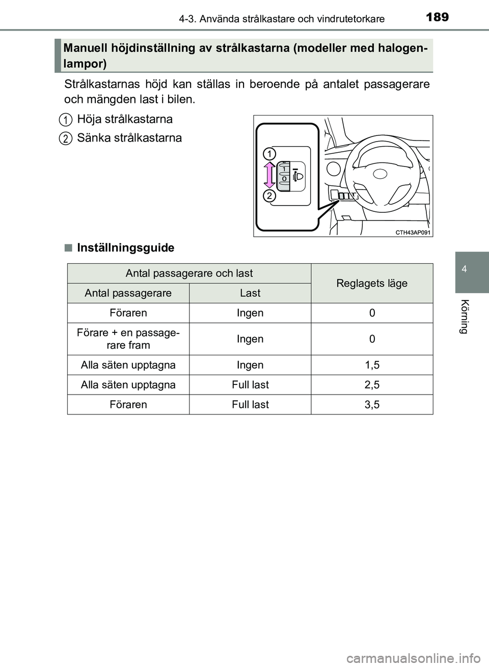 TOYOTA AURIS 2018  Bruksanvisningar (in Swedish) 1894-3. Använda strålkastare och vindrutetorkare
OM12M59SE 
4
Körning
Strålkastarnas höjd kan ställas in beroende på antalet passagerare
och mängden last i bilen.Höja strålkastarna
Sänka st