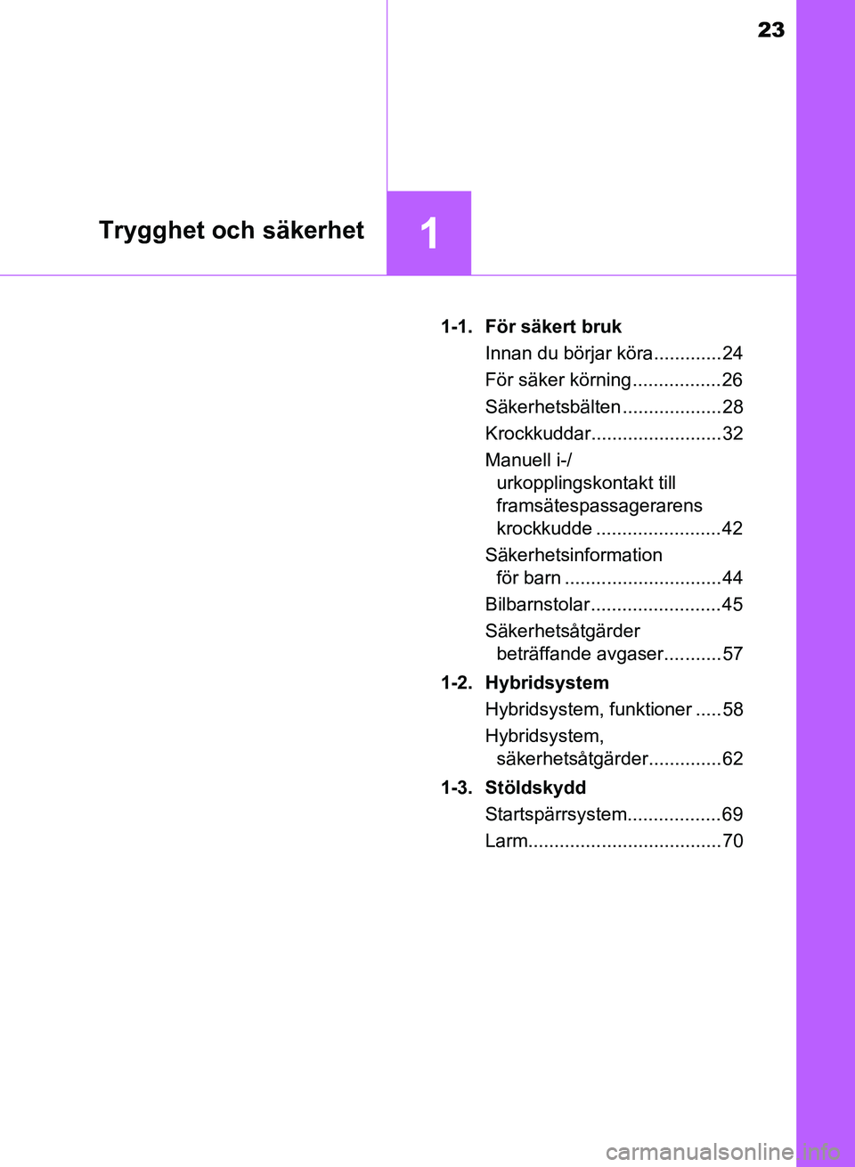 TOYOTA AURIS 2018 Bruksanvisningar (in Swedish) 23
1Trygghet och säkerhet
OM12M59SE 1-1. För säkert bruk
Innan du börjar köra............. 24
För säker körning .................26
Säkerhetsbälten ................... 28
Krockkuddar....... TOYOTA AURIS 2018 Bruksanvisningar (in Swedish) 23
1Trygghet och säkerhet
OM12M59SE 1-1. För säkert bruk
Innan du börjar köra............. 24
För säker körning .................26
Säkerhetsbälten ................... 28
Krockkuddar.......