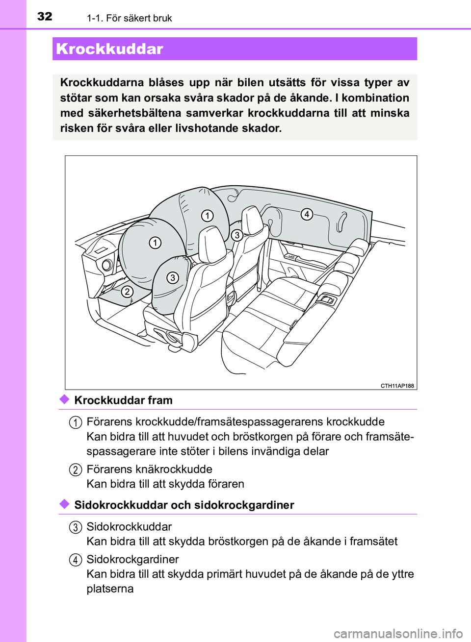 TOYOTA AURIS 2018 Bruksanvisningar (in Swedish) 321-1. För säkert bruk
OM12M59SE
uKrockkuddar framFörarens krockkudde/framsät espassagerarens krockkudde
Kan bidra till att huvudet och brös tkorgen på förare och framsäte-
spassagerare inte s TOYOTA AURIS 2018 Bruksanvisningar (in Swedish) 321-1. För säkert bruk
OM12M59SE
uKrockkuddar framFörarens krockkudde/framsät espassagerarens krockkudde
Kan bidra till att huvudet och brös tkorgen på förare och framsäte-
spassagerare inte s