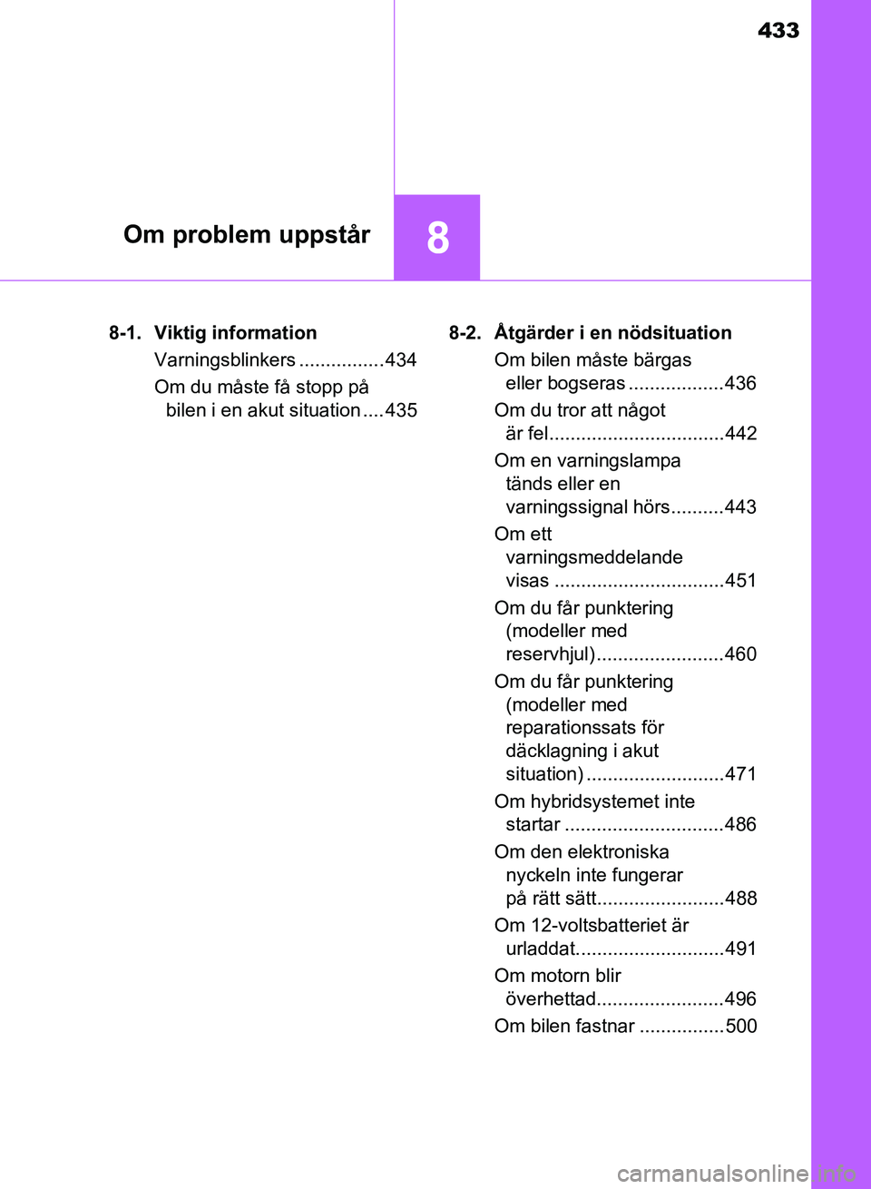 TOYOTA AURIS 2018 Bruksanvisningar (in Swedish) 433
8Om problem uppstår
OM12M59SE8-1. Viktig information
Varningsblinkers ................ 434
Om du måste få stopp på bilen i en akut situation .... 435 8-2. Åtgärder i en nödsituation
Om bi TOYOTA AURIS 2018 Bruksanvisningar (in Swedish) 433
8Om problem uppstår
OM12M59SE8-1. Viktig information
Varningsblinkers ................ 434
Om du måste få stopp på bilen i en akut situation .... 435 8-2. Åtgärder i en nödsituation
Om bi