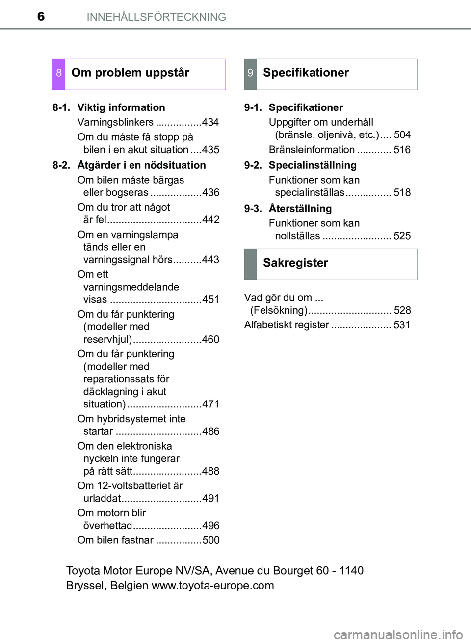 TOYOTA AURIS 2018  Bruksanvisningar (in Swedish) INNEHÅLLSFÖRTECKNING6
OM12M59SE 8-1.  Viktig information
Varningsblinkers ................434
Om du måste få stopp på bilen i en akut situation ....435
8-2.  Åtgärder i en nödsituation Om bile