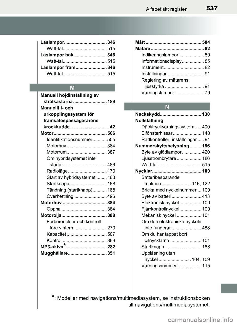 TOYOTA AURIS 2018  Bruksanvisningar (in Swedish) 537Alfabetiskt register
OM12M59SE 
Läslampor................................. 346Watt-tal.................................. 515
Läslampor bak ......................... 346 Watt-tal..................