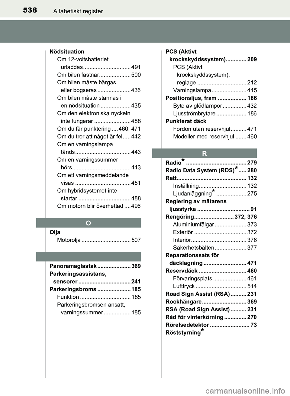TOYOTA AURIS 2018  Bruksanvisningar (in Swedish) 538Alfabetiskt register
OM12M59SE 
NödsituationOm 12-voltsbatteriet 
urladdas .............................. 491
Om bilen fastnar.................... 500
Om bilen måste bärgas  eller bogseras .....