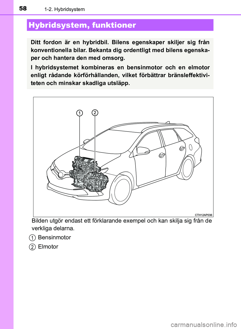 TOYOTA AURIS 2018 Bruksanvisningar (in Swedish) 58
OM12M59SE
1-2. Hybridsystem
Bilden utgör endast ett förklarande exempel och kan skilja sig från de
verkliga delarna.Bensinmotor
Elmotor
Hybridsystem, funktioner
Ditt fordon är en hybridbil. Bi TOYOTA AURIS 2018 Bruksanvisningar (in Swedish) 58
OM12M59SE
1-2. Hybridsystem
Bilden utgör endast ett förklarande exempel och kan skilja sig från de
verkliga delarna.Bensinmotor
Elmotor
Hybridsystem, funktioner
Ditt fordon är en hybridbil. Bi