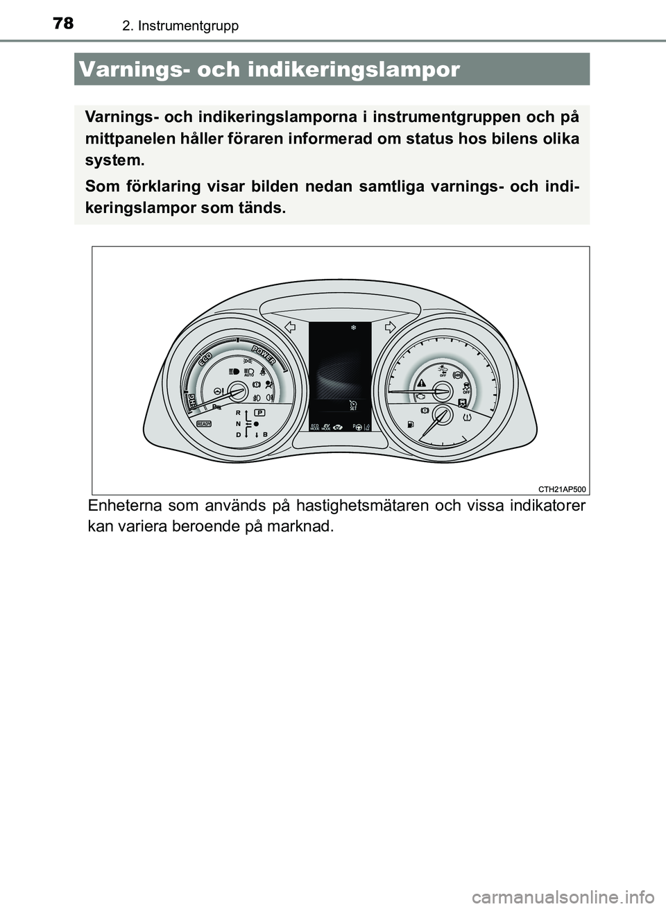 TOYOTA AURIS 2018 Bruksanvisningar (in Swedish) 78
OM12M59SE
2. Instrumentgrupp
Enheterna som används på hastighetsmätaren och vissa indikatorer
kan variera beroende på marknad.
Varnings- och in dikeringslampor
Varnings- och indikeringslamporna TOYOTA AURIS 2018 Bruksanvisningar (in Swedish) 78
OM12M59SE
2. Instrumentgrupp
Enheterna som används på hastighetsmätaren och vissa indikatorer
kan variera beroende på marknad.
Varnings- och in dikeringslampor
Varnings- och indikeringslamporna