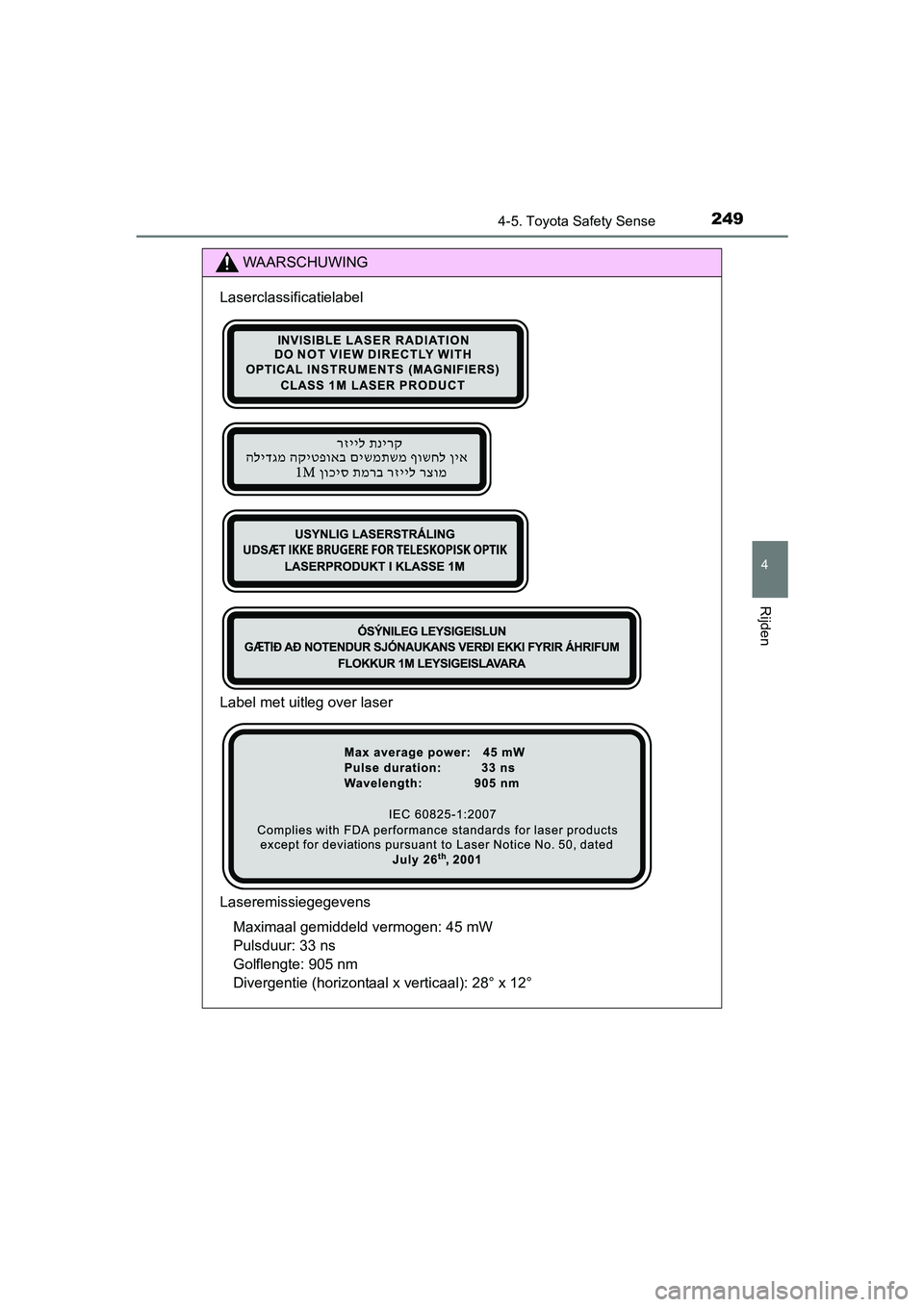 TOYOTA AURIS 2018  Instructieboekje (in Dutch) 2494-5. Toyota Safety Sense
UK AURIS_HV_HB_EE (OM12M49E)
4
Rijden
WAARSCHUWING
Laserclassificatielabel
Label met uitleg over laser
LaseremissiegegevensMaximaal gemiddeld vermogen: 45 mW 
Pulsduur: 33 