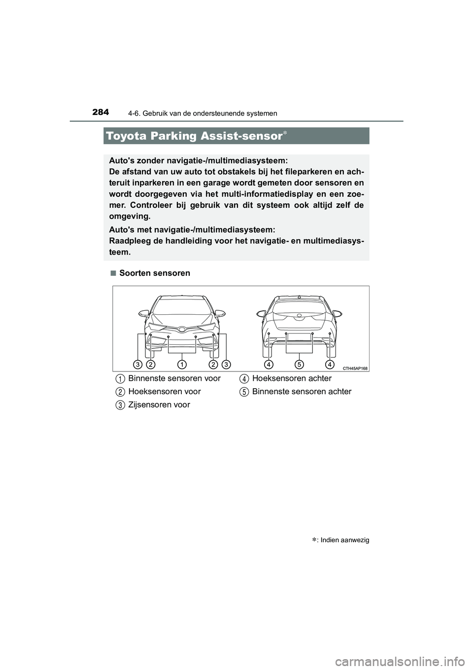 TOYOTA AURIS 2018  Instructieboekje (in Dutch) 2844-6. Gebruik van de ondersteunende systemen
UK AURIS_HV_HB_EE (OM12M49E)■
Soorten sensoren
Toyota Parking Assist-sensor
: Indien aanwezig
Auto's zonder navigatie-/multimediasysteem: 
De