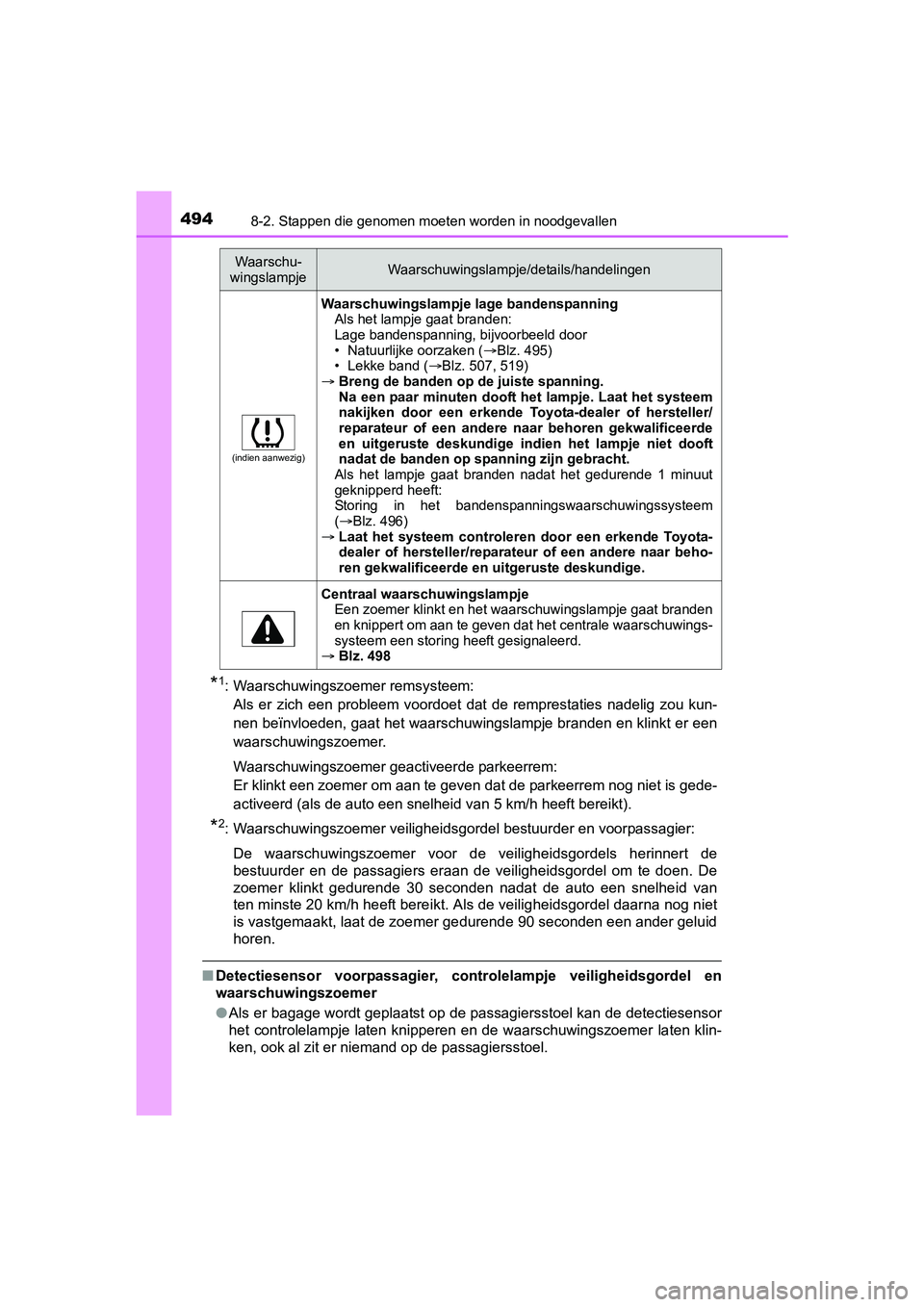 TOYOTA AURIS 2018  Instructieboekje (in Dutch) 4948-2. Stappen die genomen moeten worden in noodgevallen
UK AURIS_HV_HB_EE (OM12M49E)
*1: Waarschuwingszoemer remsysteem: 
Als  er  zich  een  probleem  voordoet  dat  de  remprestaties  nadelig  zou