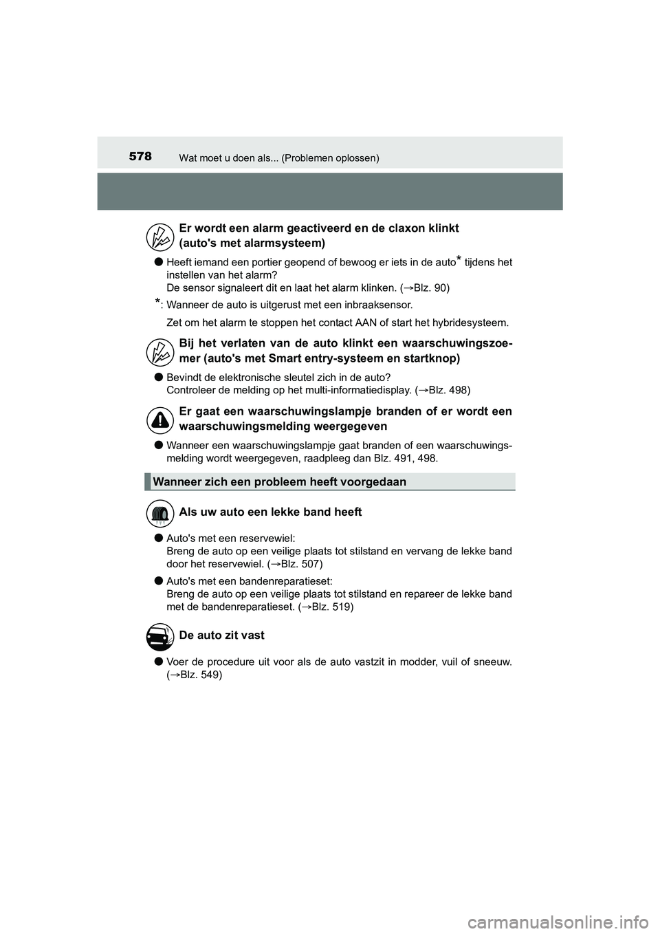 TOYOTA AURIS 2018 Instructieboekje (in Dutch) 578Wat moet u doen als... (Problemen oplossen)
UK AURIS_HV_HB_EE (OM12M49E)
●Heeft iemand een portier geopend of bewoog er iets in de auto* tijdens het
instellen van het alarm?
De sensor signaleert TOYOTA AURIS 2018 Instructieboekje (in Dutch) 578Wat moet u doen als... (Problemen oplossen)
UK AURIS_HV_HB_EE (OM12M49E)
●Heeft iemand een portier geopend of bewoog er iets in de auto* tijdens het
instellen van het alarm?
De sensor signaleert
