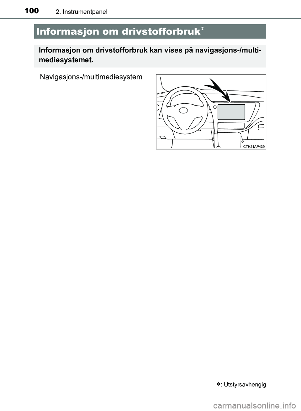 TOYOTA AURIS 2018 Instruksjoner for bruk (in Norwegian) 1002. Instrumentpanel
UK AURIS_HB_EE (OM12F19NO)
Navigasjons-/multimediesystem
Informasjon om drivstofforbruk
: Utstyrsavhengig
Informasjon om drivstofforbruk kan vises på navigasjons-/multi-
TOYOTA AURIS 2018 Instruksjoner for bruk (in Norwegian) 1002. Instrumentpanel
UK AURIS_HB_EE (OM12F19NO)
Navigasjons-/multimediesystem
Informasjon om drivstofforbruk
: Utstyrsavhengig
Informasjon om drivstofforbruk kan vises på navigasjons-/multi-