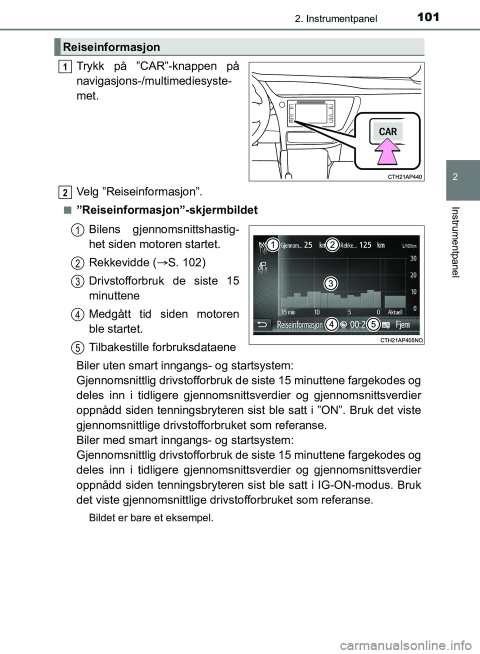 TOYOTA AURIS 2018 Instruksjoner for bruk (in Norwegian) 1012. Instrumentpanel
UK AURIS_HB_EE (OM12F19NO)
2
Instrumentpanel
Trykk på ”CAR”-knappen på
navigasjons-/multimediesyste-
met.
Velg ”Reiseinformasjon”.
n”Reiseinformasjon”-skjermbildet TOYOTA AURIS 2018 Instruksjoner for bruk (in Norwegian) 1012. Instrumentpanel
UK AURIS_HB_EE (OM12F19NO)
2
Instrumentpanel
Trykk på ”CAR”-knappen på
navigasjons-/multimediesyste-
met.
Velg ”Reiseinformasjon”.
n”Reiseinformasjon”-skjermbildet
