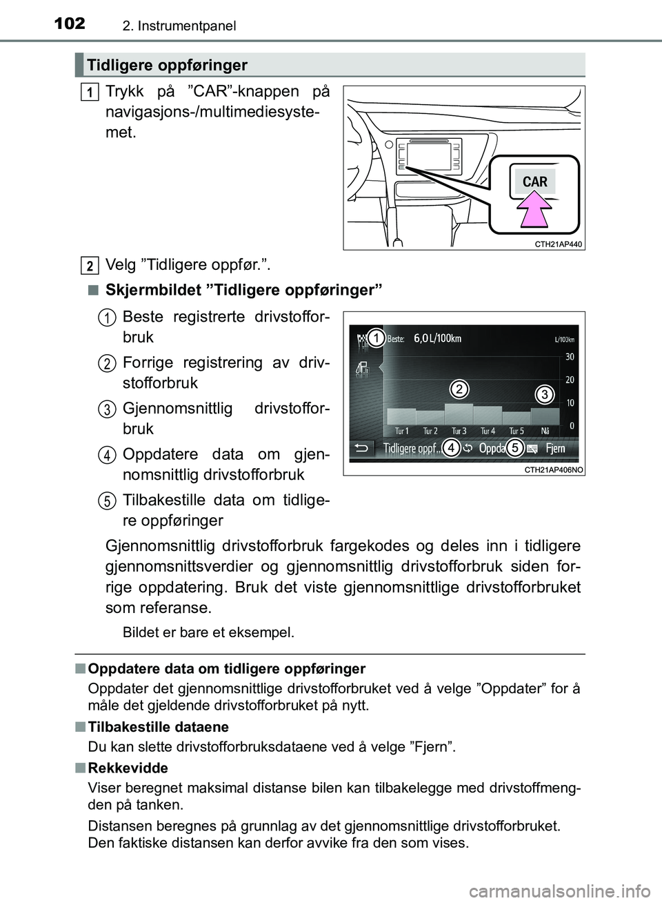 TOYOTA AURIS 2018 Instruksjoner for bruk (in Norwegian) 1022. Instrumentpanel
UK AURIS_HB_EE (OM12F19NO)
Trykk på ”CAR”-knappen på
navigasjons-/multimediesyste-
met.
Velg ”Tidligere oppfør.”.
nSkjermbildet ”Tidligere oppføringer”Beste regi TOYOTA AURIS 2018 Instruksjoner for bruk (in Norwegian) 1022. Instrumentpanel
UK AURIS_HB_EE (OM12F19NO)
Trykk på ”CAR”-knappen på
navigasjons-/multimediesyste-
met.
Velg ”Tidligere oppfør.”.
nSkjermbildet ”Tidligere oppføringer”Beste regi