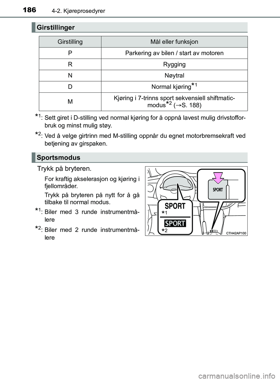 TOYOTA AURIS 2018 Instruksjoner for bruk (in Norwegian) 1864-2. Kjøreprosedyrer
UK AURIS_HB_EE (OM12F19NO)
*1: Sett giret i D-stilling ved normal kjøring for å oppnå lavest mulig drivstoffor-bruk og minst mulig støy.
*2: Ved å velge girtrinn med M-s TOYOTA AURIS 2018 Instruksjoner for bruk (in Norwegian) 1864-2. Kjøreprosedyrer
UK AURIS_HB_EE (OM12F19NO)
*1: Sett giret i D-stilling ved normal kjøring for å oppnå lavest mulig drivstoffor-bruk og minst mulig støy.
*2: Ved å velge girtrinn med M-s