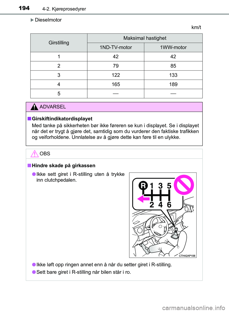 TOYOTA AURIS 2018 Instruksjoner for bruk (in Norwegian) 1944-2. Kjøreprosedyrer
UK AURIS_HB_EE (OM12F19NO)
Dieselmotorkm/t
GirstillingMaksimal hastighet
1ND-TV-motor1WW-motor
14242
27985
3122133
4165189
5
ADVARSEL
nGirskiftindikatordisplayet
Med TOYOTA AURIS 2018 Instruksjoner for bruk (in Norwegian) 1944-2. Kjøreprosedyrer
UK AURIS_HB_EE (OM12F19NO)
Dieselmotorkm/t
GirstillingMaksimal hastighet
1ND-TV-motor1WW-motor
14242
27985
3122133
4165189
5
ADVARSEL
nGirskiftindikatordisplayet
Med