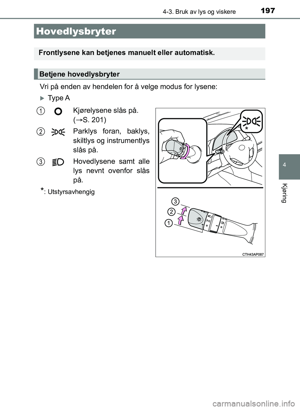 TOYOTA AURIS 2018 Instruksjoner for bruk (in Norwegian) 197
UK AURIS_HB_EE (OM12F19NO)
4
Kjøring
4-3. Bruk av lys og viskere
Vri på enden av hendelen for å velge modus for lysene:
Ty p e AKjørelysene slås på.
( S. 201)
Parklys foran, baklys, TOYOTA AURIS 2018 Instruksjoner for bruk (in Norwegian) 197
UK AURIS_HB_EE (OM12F19NO)
4
Kjøring
4-3. Bruk av lys og viskere
Vri på enden av hendelen for å velge modus for lysene:
Ty p e AKjørelysene slås på.
( S. 201)
Parklys foran, baklys,