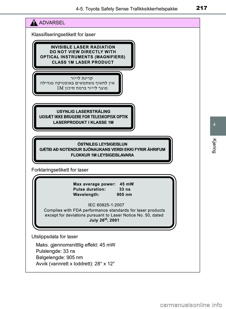 TOYOTA AURIS 2018 Instruksjoner for bruk (in Norwegian) 2174-5. Toyota Safety Sense Trafikksikkerhetspakke
UK AURIS_HB_EE (OM12F19NO)
4
Kjøring
ADVARSEL
Klassifiseringsetikett for laser
Forklaringsetikett for laser
Utslippsdata for laserMaks. gjennomsnit TOYOTA AURIS 2018 Instruksjoner for bruk (in Norwegian) 2174-5. Toyota Safety Sense Trafikksikkerhetspakke
UK AURIS_HB_EE (OM12F19NO)
4
Kjøring
ADVARSEL
Klassifiseringsetikett for laser
Forklaringsetikett for laser
Utslippsdata for laserMaks. gjennomsnit
