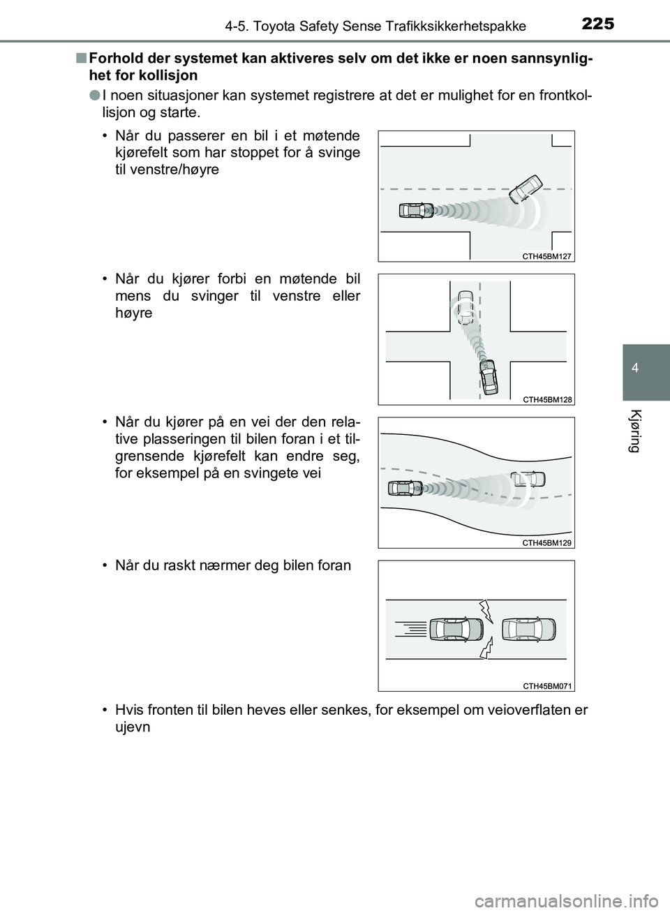 TOYOTA AURIS 2018 Instruksjoner for bruk (in Norwegian) 2254-5. Toyota Safety Sense Trafikksikkerhetspakke
UK AURIS_HB_EE (OM12F19NO)
4
Kjøring
nForhold der systemet kan aktiveres sel v om det ikke er noen sannsynlig-
het for kollisjon
l I noen situasjon TOYOTA AURIS 2018 Instruksjoner for bruk (in Norwegian) 2254-5. Toyota Safety Sense Trafikksikkerhetspakke
UK AURIS_HB_EE (OM12F19NO)
4
Kjøring
nForhold der systemet kan aktiveres sel v om det ikke er noen sannsynlig-
het for kollisjon
l I noen situasjon