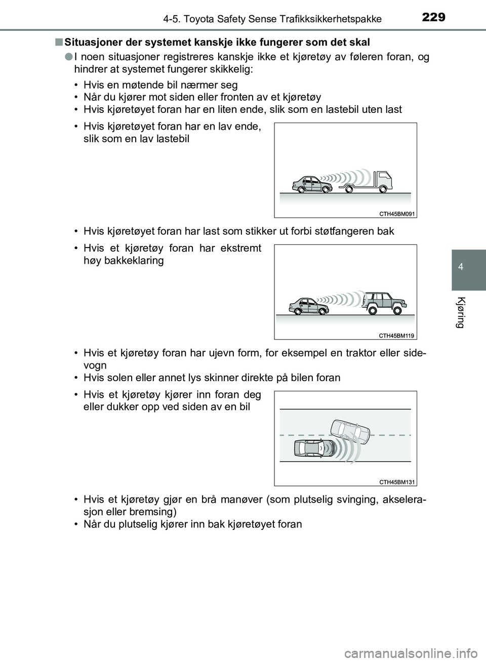 TOYOTA AURIS 2018 Instruksjoner for bruk (in Norwegian) 2294-5. Toyota Safety Sense Trafikksikkerhetspakke
UK AURIS_HB_EE (OM12F19NO)
4
Kjøring
nSituasjoner der systemet kanskj e ikke fungerer som det skal
l I noen situasjoner registreres kanskje ikke et TOYOTA AURIS 2018 Instruksjoner for bruk (in Norwegian) 2294-5. Toyota Safety Sense Trafikksikkerhetspakke
UK AURIS_HB_EE (OM12F19NO)
4
Kjøring
nSituasjoner der systemet kanskj e ikke fungerer som det skal
l I noen situasjoner registreres kanskje ikke et