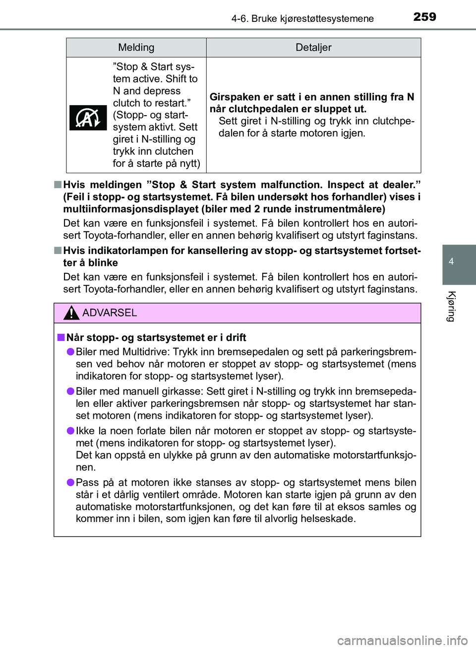 TOYOTA AURIS 2018 Instruksjoner for bruk (in Norwegian) 2594-6. Bruke kjørestøttesystemene
UK AURIS_HB_EE (OM12F19NO)
4
Kjøring
nHvis meldingen ”Stop & Start system malfunction. Inspect at dealer.”
(Feil i stopp- og startsystemet. Få bi len under TOYOTA AURIS 2018 Instruksjoner for bruk (in Norwegian) 2594-6. Bruke kjørestøttesystemene
UK AURIS_HB_EE (OM12F19NO)
4
Kjøring
nHvis meldingen ”Stop & Start system malfunction. Inspect at dealer.”
(Feil i stopp- og startsystemet. Få bi len under