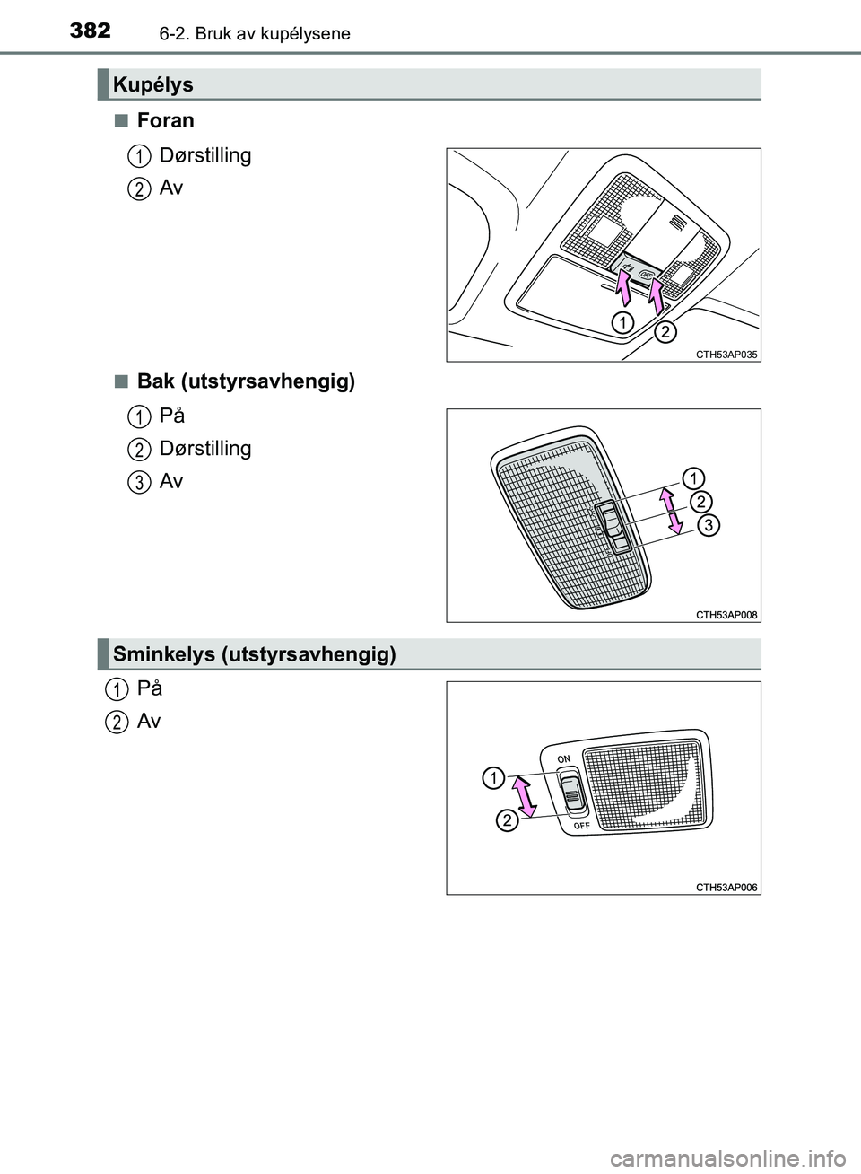 TOYOTA AURIS 2018  Instruksjoner for bruk (in Norwegian) 3826-2. Bruk av kupélysene
UK AURIS_HB_EE  (OM12F19NO)n
Foran
Dørstilling
Av
nBak (utstyrsavhengig)På
Dørstilling
Av
På
Av
Kupélys
CTH53AP035
1
2
1
2
3
Sminkelys (utstyrsavhengig)
1
2
OM12F19NO.