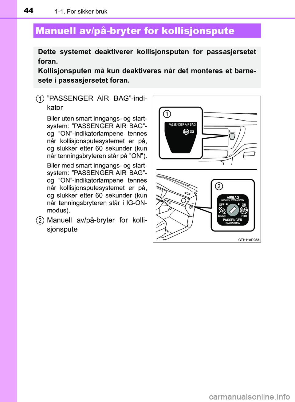 TOYOTA AURIS 2018 Instruksjoner for bruk (in Norwegian) 441-1. For sikker bruk
UK AURIS_HB_EE (OM12F19NO)
”PASSENGER AIR BAG”-indi-
kator
Biler uten smart inngangs- og start-
system: ”PASSENGER AIR BAG”-
og ”ON”-indikatorlampene tennes
når k TOYOTA AURIS 2018 Instruksjoner for bruk (in Norwegian) 441-1. For sikker bruk
UK AURIS_HB_EE (OM12F19NO)
”PASSENGER AIR BAG”-indi-
kator
Biler uten smart inngangs- og start-
system: ”PASSENGER AIR BAG”-
og ”ON”-indikatorlampene tennes
når k