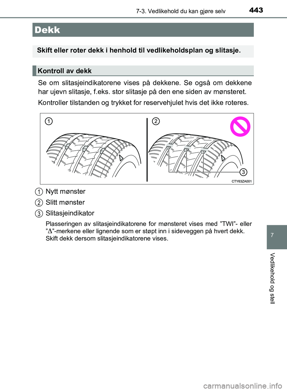 TOYOTA AURIS 2018 Instruksjoner for bruk (in Norwegian) 4437-3. Vedlikehold du kan gjøre selv
UK AURIS_HB_EE (OM12F19NO)
7
Vedlikehold og stell
Se om slitasjeindikatorene vises på dekkene. Se også om dekkene
har ujevn slitasje, f.eks. stor slitasje på TOYOTA AURIS 2018 Instruksjoner for bruk (in Norwegian) 4437-3. Vedlikehold du kan gjøre selv
UK AURIS_HB_EE (OM12F19NO)
7
Vedlikehold og stell
Se om slitasjeindikatorene vises på dekkene. Se også om dekkene
har ujevn slitasje, f.eks. stor slitasje på
