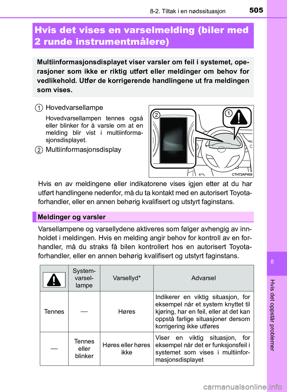 TOYOTA AURIS 2018 Instruksjoner for bruk (in Norwegian) 5058-2. Tiltak i en nødssituasjon
UK AURIS_HB_EE (OM12F19NO)
8
Hvis det oppstår problemer
Hovedvarsellampe
Hovedvarsellampen tennes også
eller blinker for å varsle om at en
melding blir vist i mu TOYOTA AURIS 2018 Instruksjoner for bruk (in Norwegian) 5058-2. Tiltak i en nødssituasjon
UK AURIS_HB_EE (OM12F19NO)
8
Hvis det oppstår problemer
Hovedvarsellampe
Hovedvarsellampen tennes også
eller blinker for å varsle om at en
melding blir vist i mu