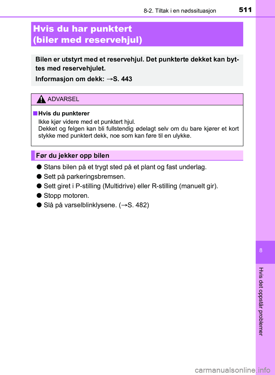 TOYOTA AURIS 2018 Instruksjoner for bruk (in Norwegian) 5118-2. Tiltak i en nødssituasjon
UK AURIS_HB_EE (OM12F19NO)
8
Hvis det oppstår problemer
lStans bilen på et trygt sted på et plant og fast underlag.
l Sett på parkeringsbremsen.
l Sett giret i TOYOTA AURIS 2018 Instruksjoner for bruk (in Norwegian) 5118-2. Tiltak i en nødssituasjon
UK AURIS_HB_EE (OM12F19NO)
8
Hvis det oppstår problemer
lStans bilen på et trygt sted på et plant og fast underlag.
l Sett på parkeringsbremsen.
l Sett giret i