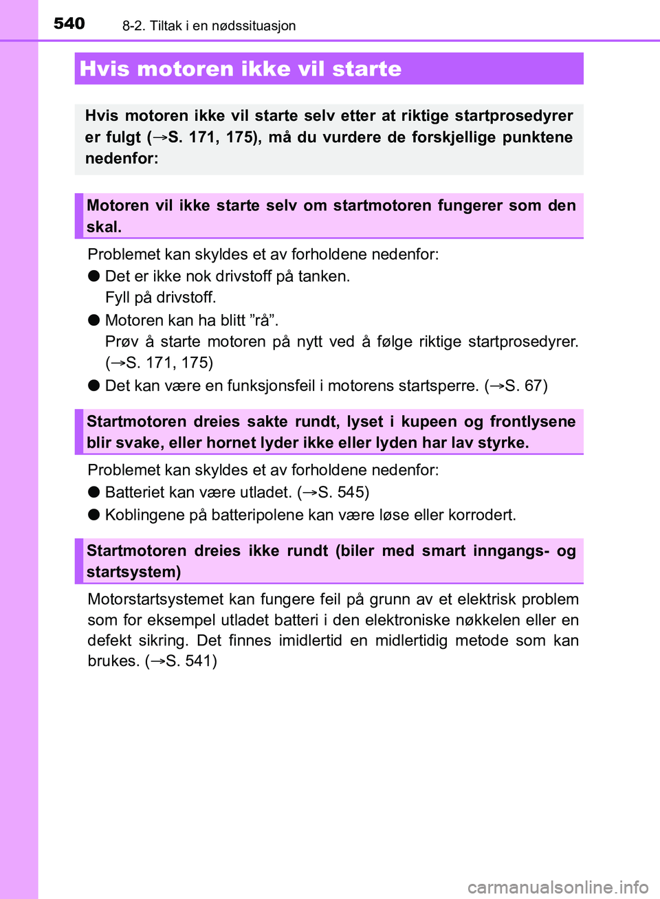 TOYOTA AURIS 2018 Instruksjoner for bruk (in Norwegian) 5408-2. Tiltak i en nødssituasjon
UK AURIS_HB_EE (OM12F19NO)
Problemet kan skyldes et av forholdene nedenfor:
lDet er ikke nok dr ivstoff på tanken.
Fyll på drivstoff.
l Motoren kan ha blitt ”r TOYOTA AURIS 2018 Instruksjoner for bruk (in Norwegian) 5408-2. Tiltak i en nødssituasjon
UK AURIS_HB_EE (OM12F19NO)
Problemet kan skyldes et av forholdene nedenfor:
lDet er ikke nok dr ivstoff på tanken.
Fyll på drivstoff.
l Motoren kan ha blitt ”r