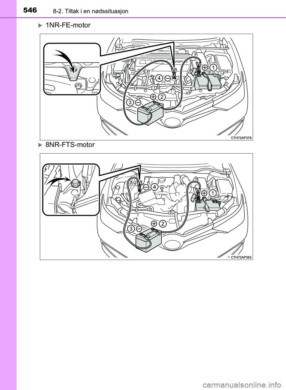 TOYOTA AURIS 2018 Instruksjoner for bruk (in Norwegian) 5468-2. Tiltak i en nødssituasjon
UK AURIS_HB_EE (OM12F19NO)
1NR-FE-motor
8NR-FTS-motor
OM12F19NO.book Page 546 Friday, November 3, 2017 12:25 PM TOYOTA AURIS 2018 Instruksjoner for bruk (in Norwegian) 5468-2. Tiltak i en nødssituasjon
UK AURIS_HB_EE (OM12F19NO)
1NR-FE-motor
8NR-FTS-motor
OM12F19NO.book Page 546 Friday, November 3, 2017 12:25 PM