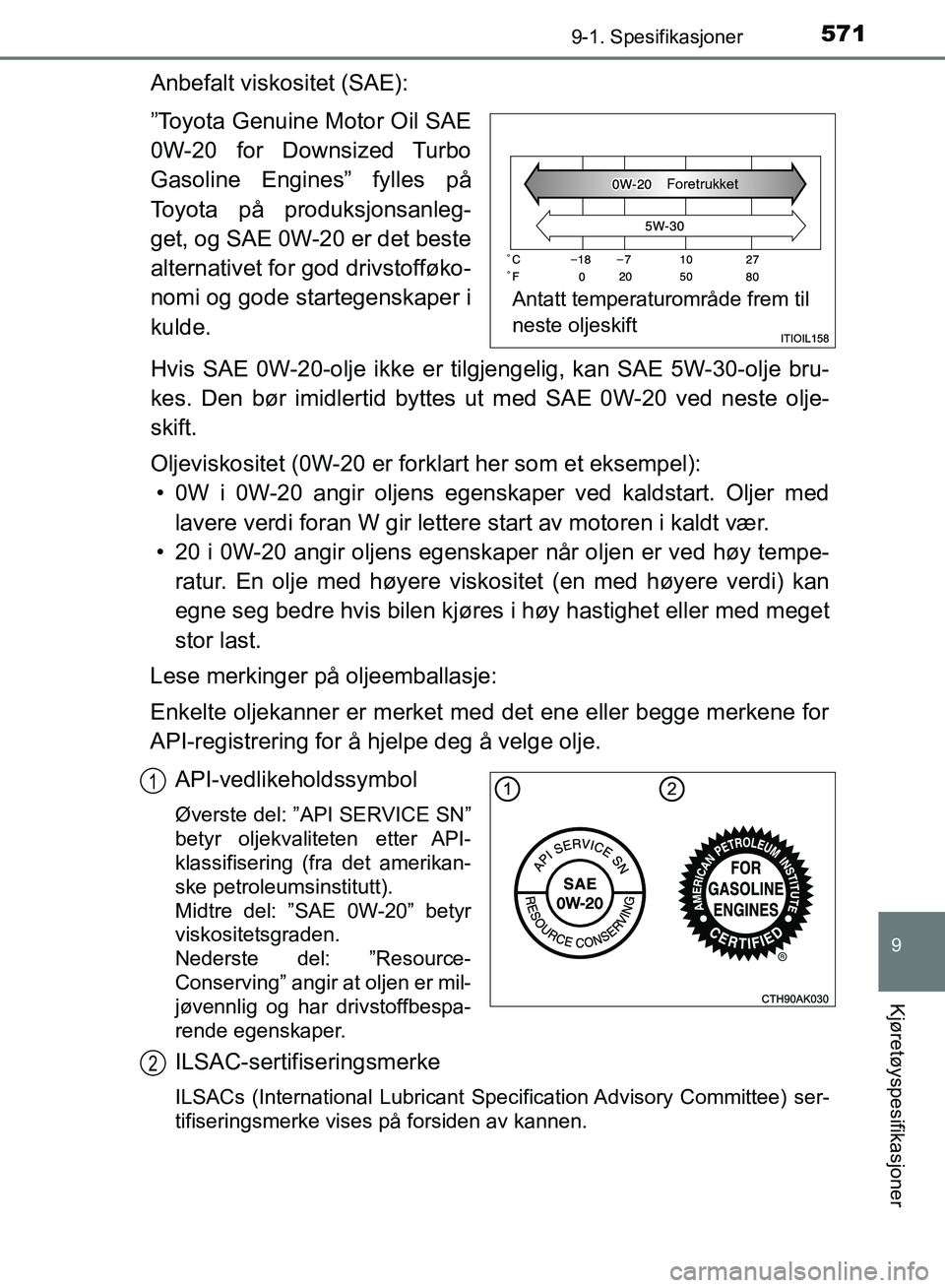 TOYOTA AURIS 2018 Instruksjoner for bruk (in Norwegian) 5719-1. Spesifikasjoner
UK AURIS_HB_EE (OM12F19NO)
9
Kjøretøyspesifikasjoner
Anbefalt viskositet (SAE):
”Toyota Genuine Motor Oil SAE
0W-20 for Downsized Turbo
Gasoline Engines” fylles på
Toyo TOYOTA AURIS 2018 Instruksjoner for bruk (in Norwegian) 5719-1. Spesifikasjoner
UK AURIS_HB_EE (OM12F19NO)
9
Kjøretøyspesifikasjoner
Anbefalt viskositet (SAE):
”Toyota Genuine Motor Oil SAE
0W-20 for Downsized Turbo
Gasoline Engines” fylles på
Toyo