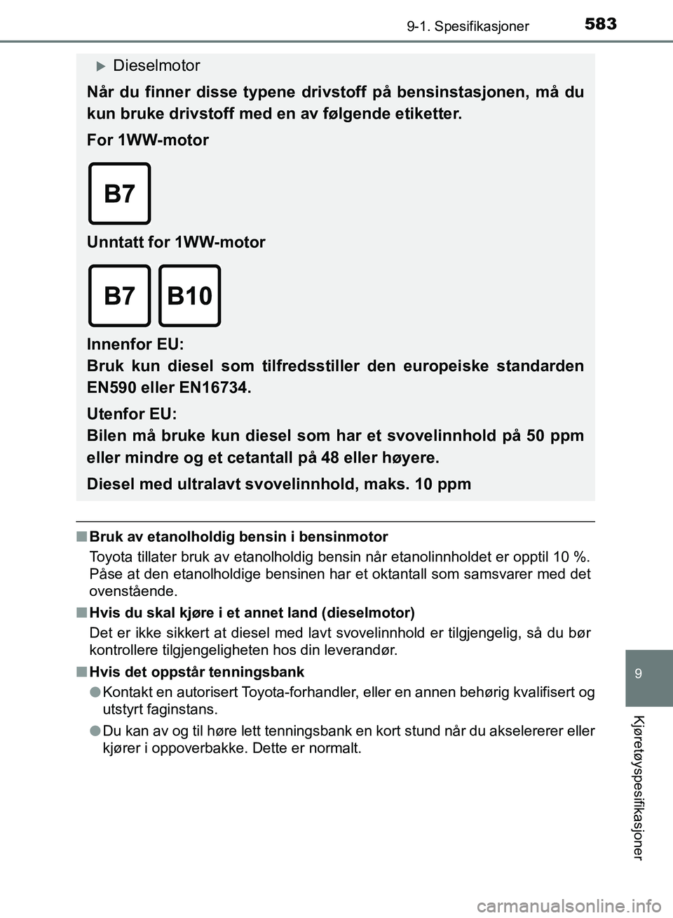 TOYOTA AURIS 2018 Instruksjoner for bruk (in Norwegian) 5839-1. Spesifikasjoner
UK AURIS_HB_EE (OM12F19NO)
9
Kjøretøyspesifikasjoner
nBruk av etanolholdig bensin i bensinmotor
Toyota tillater bruk av etanolholdig bensin når etanolinnholdet er opptil 10 TOYOTA AURIS 2018 Instruksjoner for bruk (in Norwegian) 5839-1. Spesifikasjoner
UK AURIS_HB_EE (OM12F19NO)
9
Kjøretøyspesifikasjoner
nBruk av etanolholdig bensin i bensinmotor
Toyota tillater bruk av etanolholdig bensin når etanolinnholdet er opptil 10