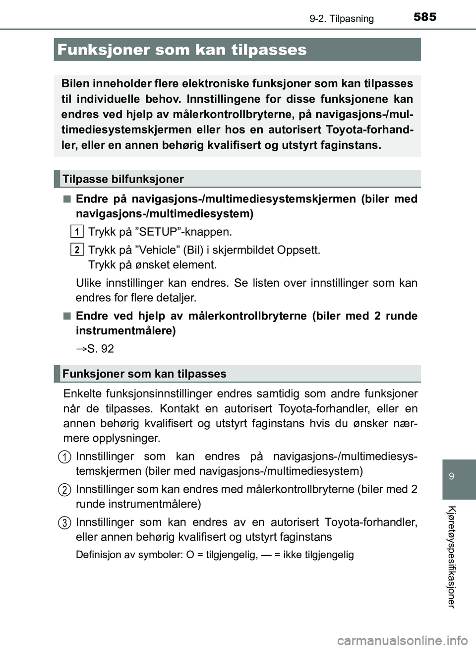 TOYOTA AURIS 2018 Instruksjoner for bruk (in Norwegian) 585
UK AURIS_HB_EE (OM12F19NO)
9
Kjøretøyspesifikasjoner
9-2. Tilpasning
nEndre på navigasjons-/multimediesystemskjermen (biler med
navigasjons-/mult imediesystem)
Trykk på ”SETUP”-knappen.
T TOYOTA AURIS 2018 Instruksjoner for bruk (in Norwegian) 585
UK AURIS_HB_EE (OM12F19NO)
9
Kjøretøyspesifikasjoner
9-2. Tilpasning
nEndre på navigasjons-/multimediesystemskjermen (biler med
navigasjons-/mult imediesystem)
Trykk på ”SETUP”-knappen.
T