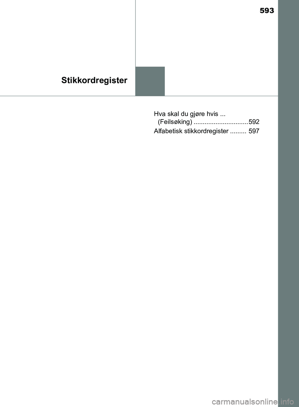 TOYOTA AURIS 2018 Instruksjoner for bruk (in Norwegian) 593
Stikkordregister
UK AURIS_HB_EE (OM12F19NO)Hva skal du gjøre hvis ...
(Feilsøking) .............................. 592
Alfabetisk stikkordregister ......... 597
OM12F19NO.book Page 593 Frid TOYOTA AURIS 2018 Instruksjoner for bruk (in Norwegian) 593
Stikkordregister
UK AURIS_HB_EE (OM12F19NO)Hva skal du gjøre hvis ...
(Feilsøking) .............................. 592
Alfabetisk stikkordregister ......... 597
OM12F19NO.book Page 593 Frid