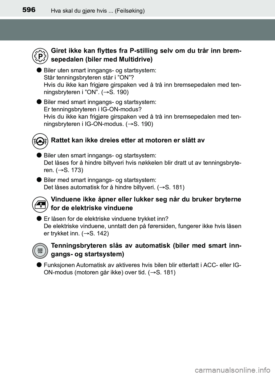 TOYOTA AURIS 2018 Instruksjoner for bruk (in Norwegian) 596Hva skal du gjøre hvis ... (Feilsøking)
UK AURIS_HB_EE (OM12F19NO)
lBiler uten smart inngangs- og startsystem:
Står tenningsbryteren står i ”ON”?
Hvis du ikke kan frigjøre girspaken ved TOYOTA AURIS 2018 Instruksjoner for bruk (in Norwegian) 596Hva skal du gjøre hvis ... (Feilsøking)
UK AURIS_HB_EE (OM12F19NO)
lBiler uten smart inngangs- og startsystem:
Står tenningsbryteren står i ”ON”?
Hvis du ikke kan frigjøre girspaken ved