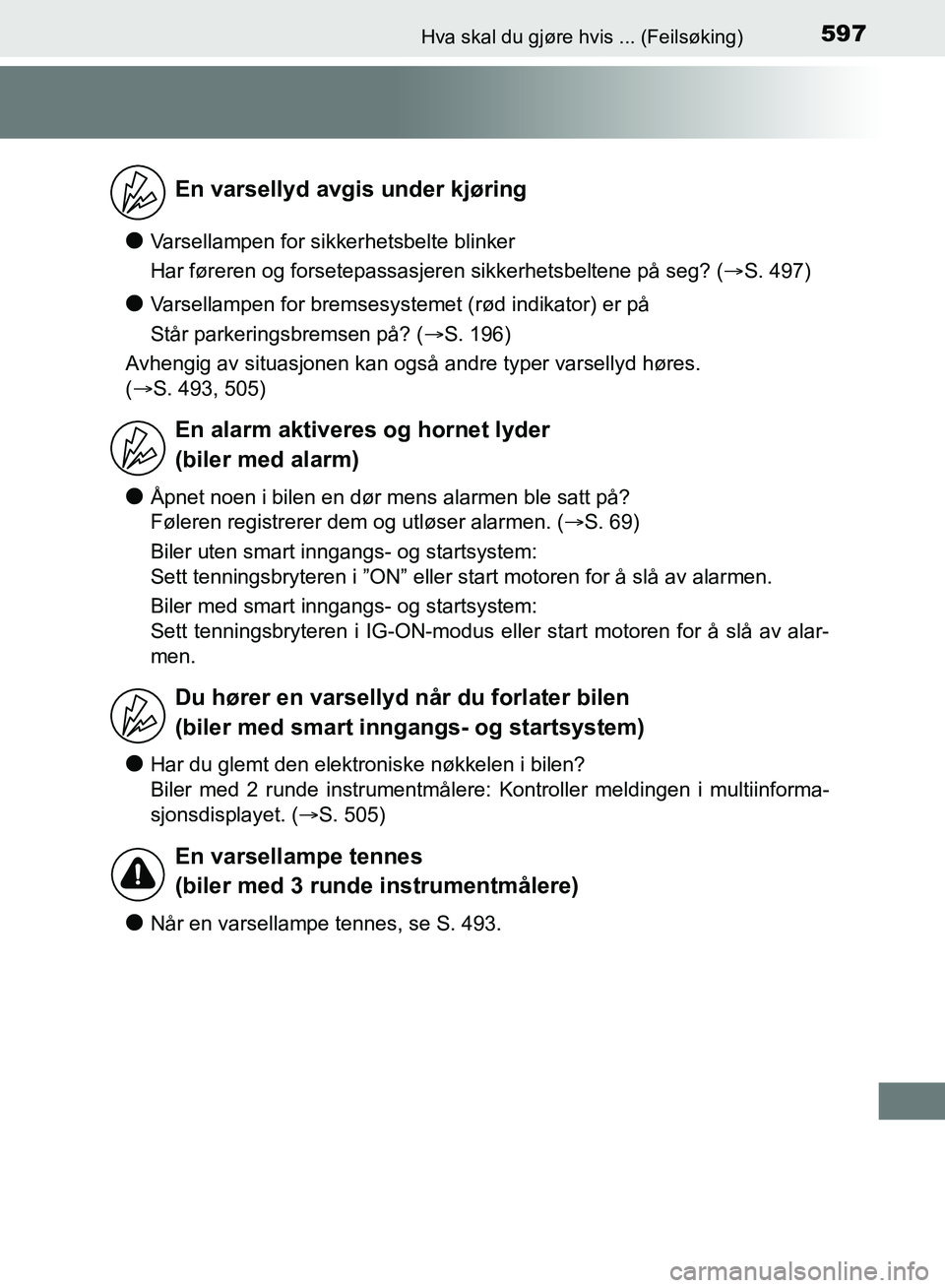 TOYOTA AURIS 2018 Instruksjoner for bruk (in Norwegian) 597Hva skal du gjøre hvis ... (Feilsøking)
UK AURIS_HB_EE (OM12F19NO)
lVarsellampen for sikkerhetsbelte blinker
Har føreren og forsetepassasjeren sikkerhetsbeltene på seg? (S. 497)
lVarsellamp TOYOTA AURIS 2018 Instruksjoner for bruk (in Norwegian) 597Hva skal du gjøre hvis ... (Feilsøking)
UK AURIS_HB_EE (OM12F19NO)
lVarsellampen for sikkerhetsbelte blinker
Har føreren og forsetepassasjeren sikkerhetsbeltene på seg? (S. 497)
lVarsellamp
