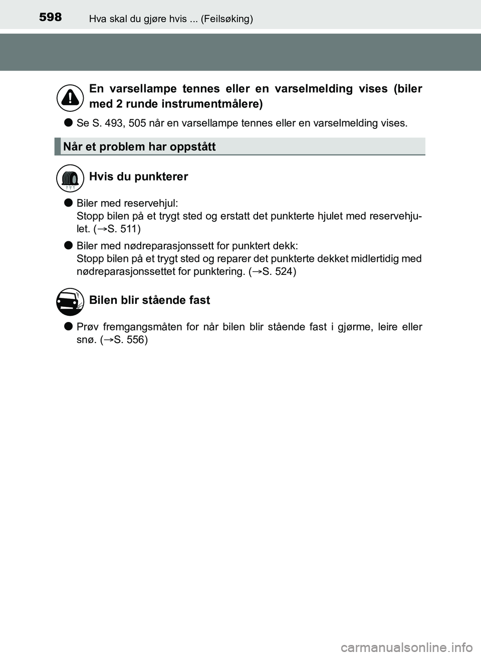 TOYOTA AURIS 2018 Instruksjoner for bruk (in Norwegian) 598Hva skal du gjøre hvis ... (Feilsøking)
UK AURIS_HB_EE (OM12F19NO)
lSe S. 493, 505 når en varsellampe tennes eller en varselmelding vises\
.
lBiler med reservehjul:
Stopp bilen på et trygt ste TOYOTA AURIS 2018 Instruksjoner for bruk (in Norwegian) 598Hva skal du gjøre hvis ... (Feilsøking)
UK AURIS_HB_EE (OM12F19NO)
lSe S. 493, 505 når en varsellampe tennes eller en varselmelding vises\
.
lBiler med reservehjul:
Stopp bilen på et trygt ste
