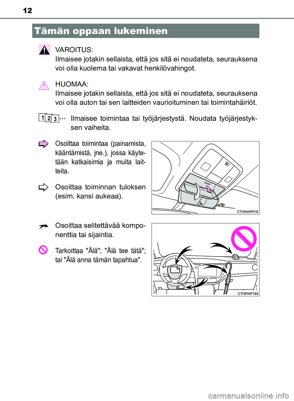 TOYOTA AURIS 2018  Omistajan Käsikirja (in Finnish) 12
OM12M54FI
VAROITUS: 
Ilmaisee jotakin sellaista, että jos sitä ei noudateta, seurauksena
voi olla kuolema tai vakavat henkilövahingot.
HUOMAA: 
Ilmaisee jotakin sellaista, että jos sitä ei nou