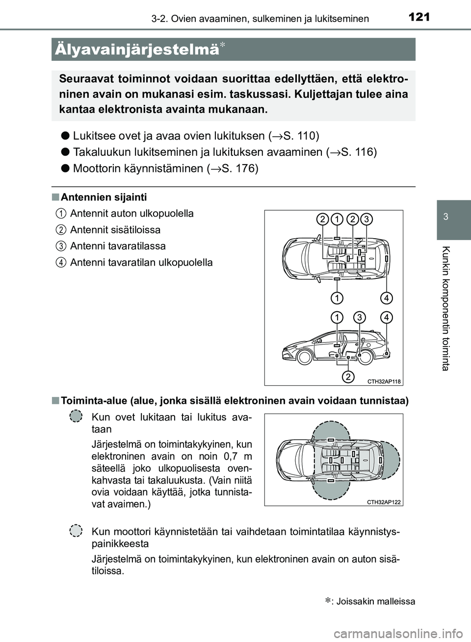 TOYOTA AURIS 2018 Omistajan Käsikirja (in Finnish) 1213-2. Ovien avaaminen, sulkeminen ja lukitseminen
OM12M54FI
3
Kunkin komponentin toiminta
lLukitsee ovet ja avaa ovien lukituksen ( →S. 110)
l Takaluukun lukitseminen ja lukituksen avaaminen ( → TOYOTA AURIS 2018 Omistajan Käsikirja (in Finnish) 1213-2. Ovien avaaminen, sulkeminen ja lukitseminen
OM12M54FI
3
Kunkin komponentin toiminta
lLukitsee ovet ja avaa ovien lukituksen ( →S. 110)
l Takaluukun lukitseminen ja lukituksen avaaminen ( →